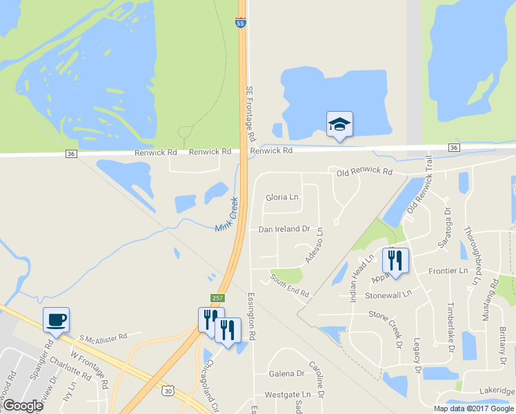 map of restaurants, bars, coffee shops, grocery stores, and more near 3815 Gloria Lane in Joliet