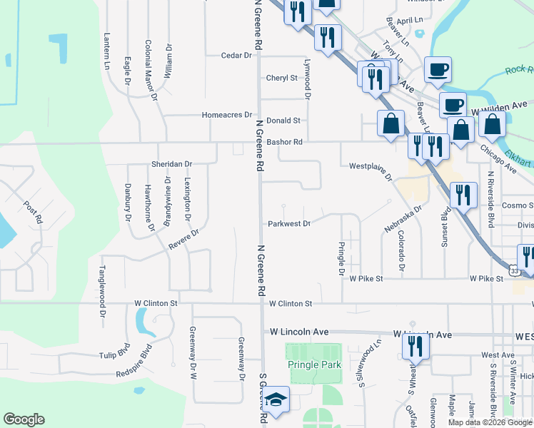 map of restaurants, bars, coffee shops, grocery stores, and more near 506 North Greene Road in Goshen