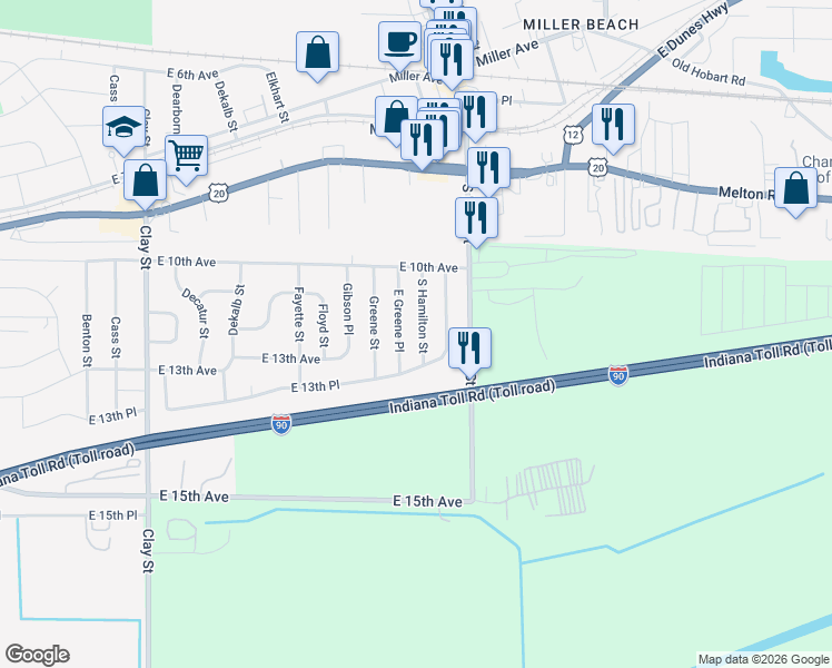 map of restaurants, bars, coffee shops, grocery stores, and more near 1148 South Hamilton Street in Gary