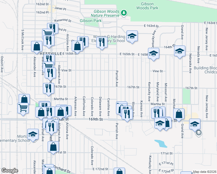 map of restaurants, bars, coffee shops, grocery stores, and more near 3131 167th Street in Hammond