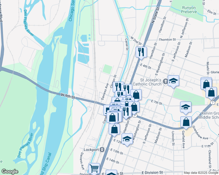 map of restaurants, bars, coffee shops, grocery stores, and more near 701 Clinton Street in Lockport