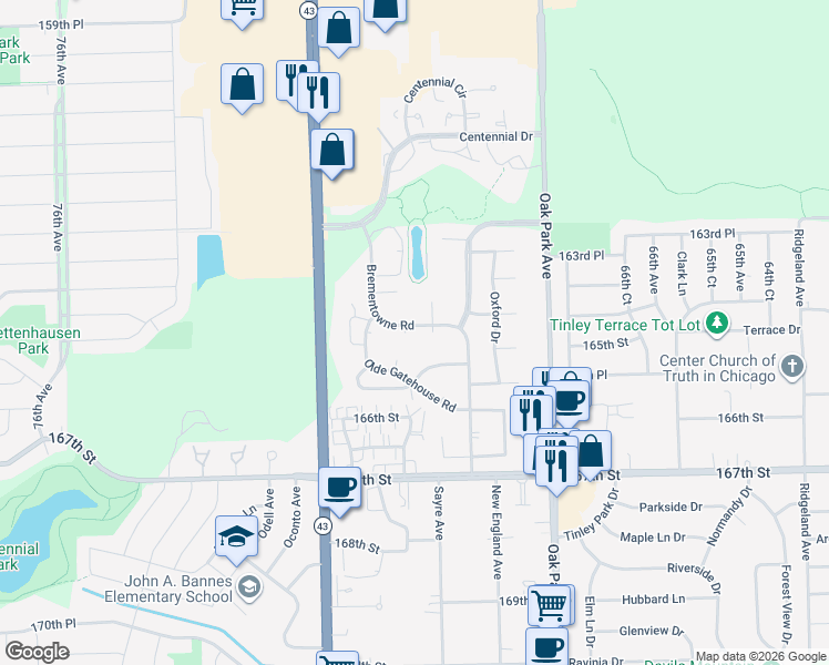 map of restaurants, bars, coffee shops, grocery stores, and more near 7025 Brementowne Road in Tinley Park