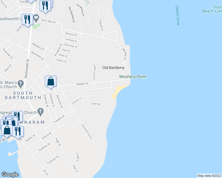 map of restaurants, bars, coffee shops, grocery stores, and more near 5 Cynthia Street in Dartmouth