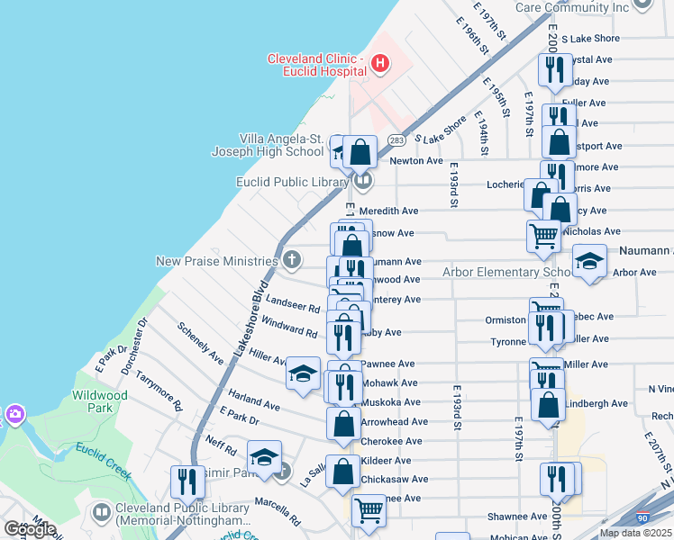 map of restaurants, bars, coffee shops, grocery stores, and more near 562 East 185th Street in Cleveland