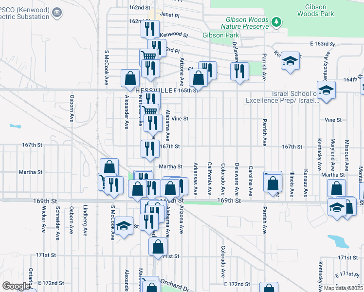 map of restaurants, bars, coffee shops, grocery stores, and more near 2901 167th Street in Hammond