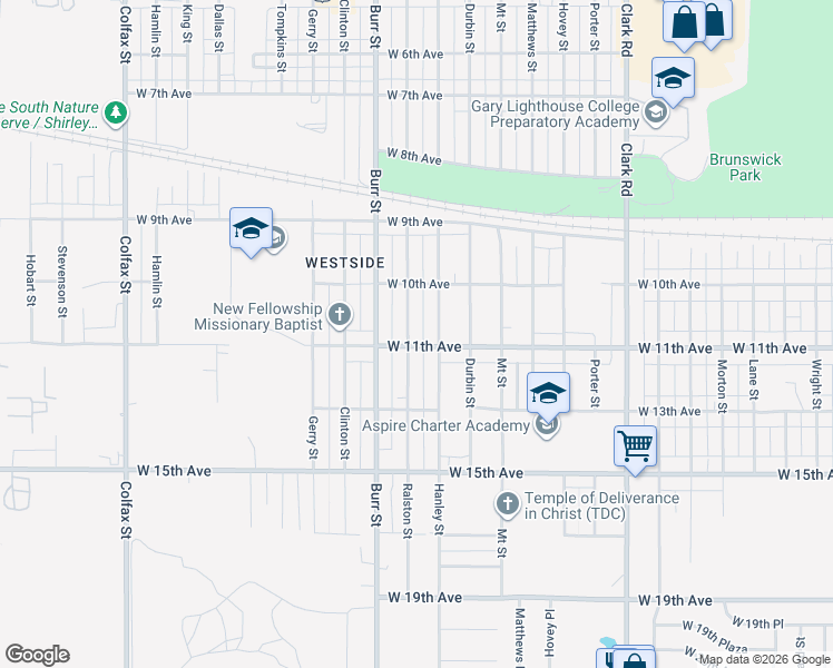 map of restaurants, bars, coffee shops, grocery stores, and more near 1083 Ralston Street in Gary