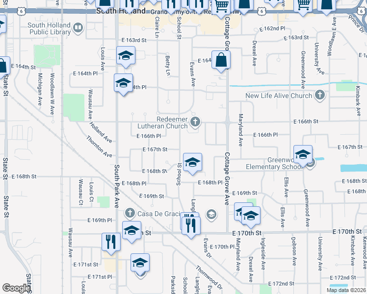 map of restaurants, bars, coffee shops, grocery stores, and more near 16645 School Street in South Holland