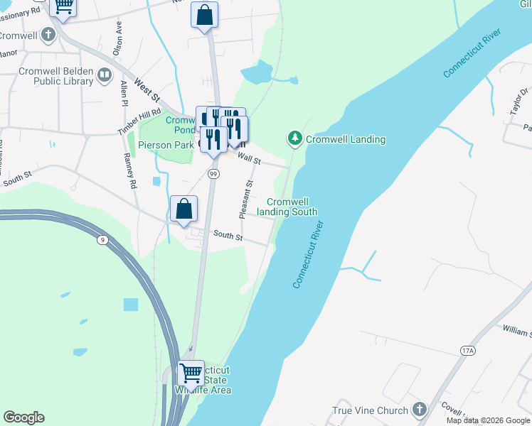 map of restaurants, bars, coffee shops, grocery stores, and more near 57 River Road in Cromwell