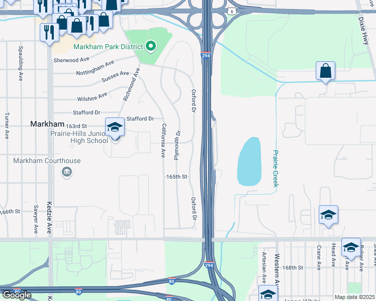 map of restaurants, bars, coffee shops, grocery stores, and more near 16358 Oxford Drive in Markham