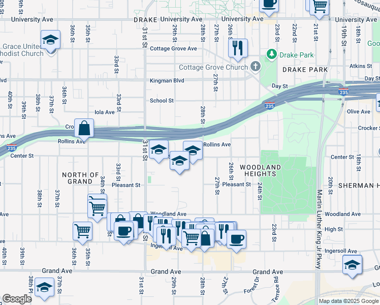 map of restaurants, bars, coffee shops, grocery stores, and more near 2823 Center Street in Des Moines