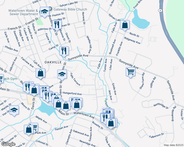 map of restaurants, bars, coffee shops, grocery stores, and more near 18 Wagon Wheel Court in Watertown