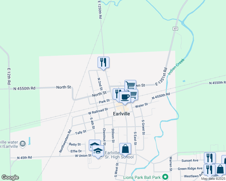 map of restaurants, bars, coffee shops, grocery stores, and more near 203 North East Street in Earlville