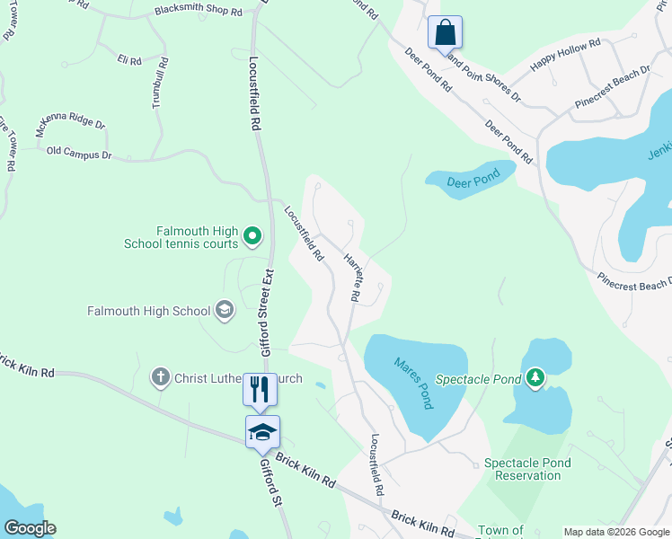 map of restaurants, bars, coffee shops, grocery stores, and more near 485 Locustfield Road in Falmouth