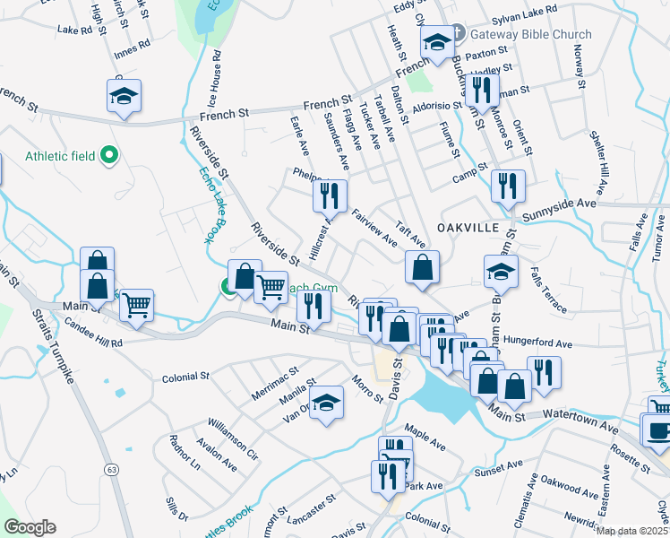 map of restaurants, bars, coffee shops, grocery stores, and more near 14 Arcadia Avenue in Watertown