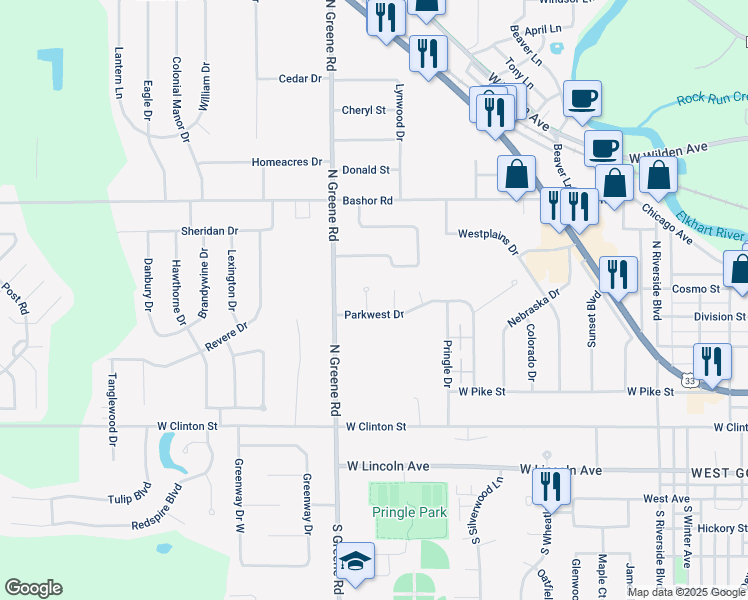 map of restaurants, bars, coffee shops, grocery stores, and more near 506 Parkwood Court in Goshen