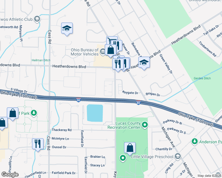 map of restaurants, bars, coffee shops, grocery stores, and more near 2560 Key Street in Toledo