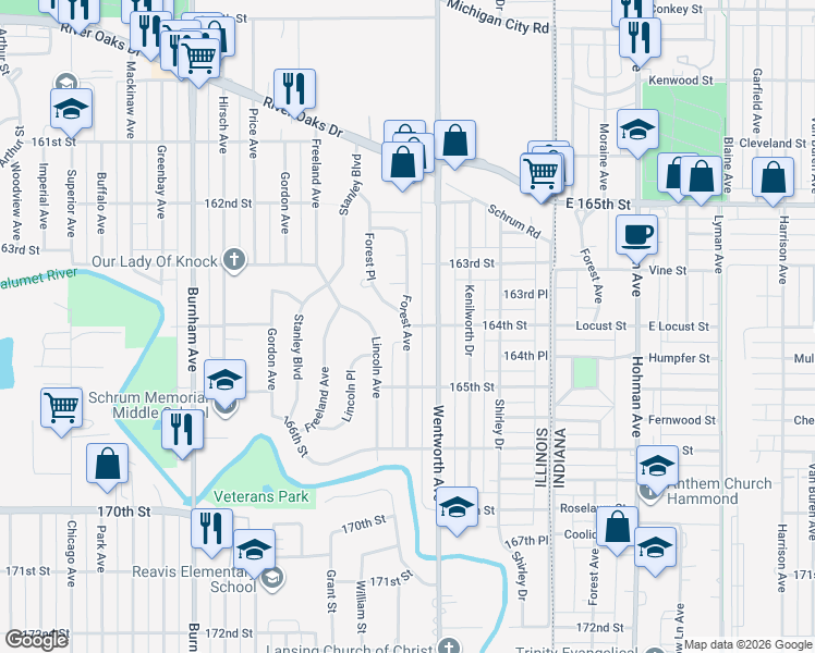 map of restaurants, bars, coffee shops, grocery stores, and more near 164th Street in Calumet City