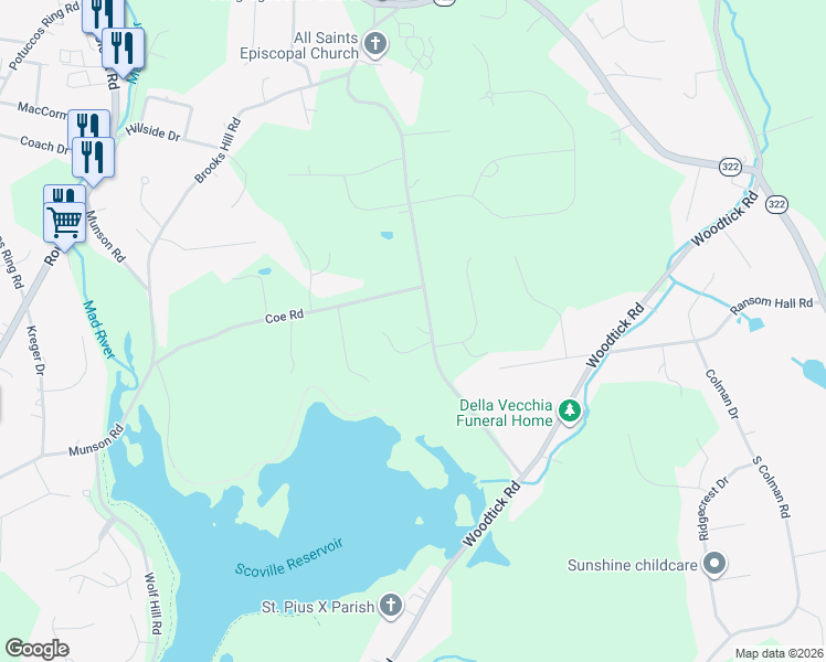 map of restaurants, bars, coffee shops, grocery stores, and more near 137 Bound Line Road in Wolcott