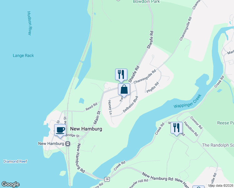 map of restaurants, bars, coffee shops, grocery stores, and more near 6 Honey Lane in Wappingers Falls