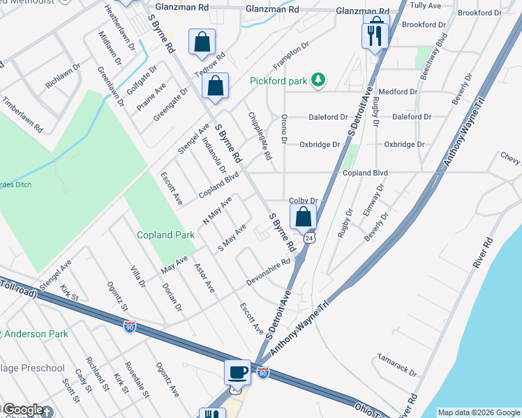 map of restaurants, bars, coffee shops, grocery stores, and more near 3068 South Byrne Road in Toledo