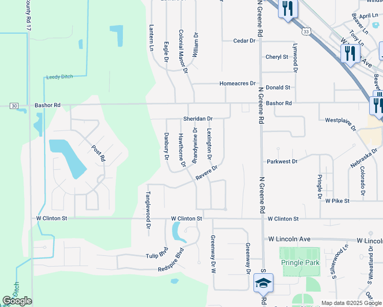 map of restaurants, bars, coffee shops, grocery stores, and more near 503 Brandywine Drive in Goshen