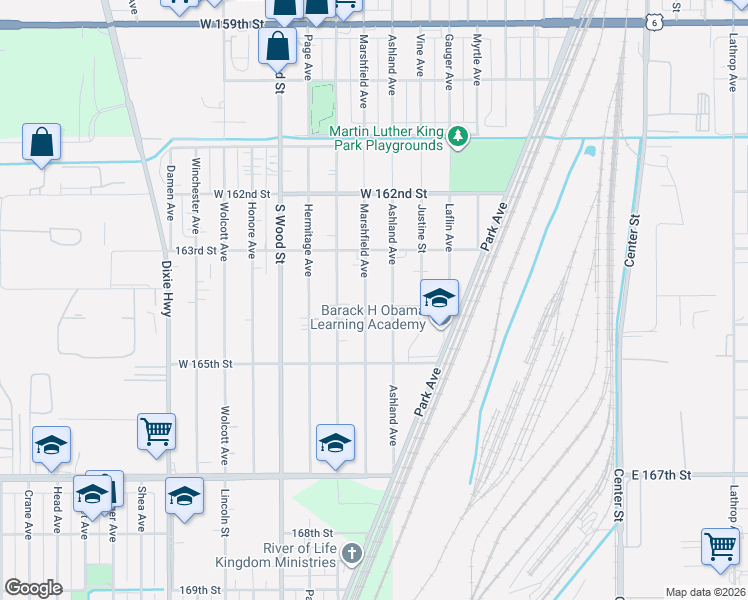 map of restaurants, bars, coffee shops, grocery stores, and more near 16357 Marshfield Avenue in Markham