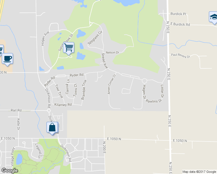 map of restaurants, bars, coffee shops, grocery stores, and more near Amen Corner Court in Chesterton