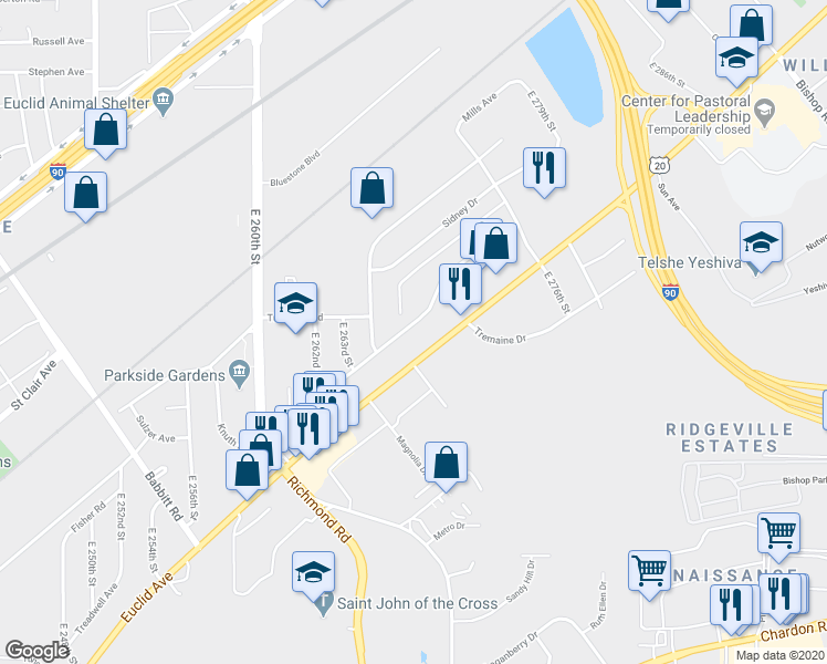 map of restaurants, bars, coffee shops, grocery stores, and more near 26650 Brush Avenue in Euclid