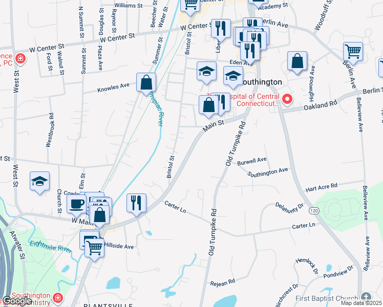 map of restaurants, bars, coffee shops, grocery stores, and more near 493 Main Street in Southington