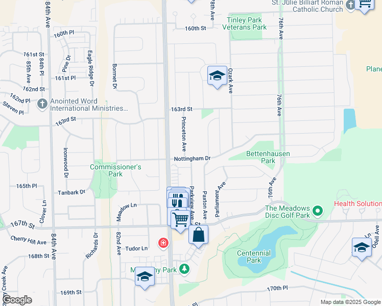 map of restaurants, bars, coffee shops, grocery stores, and more near 7921 164th Court in Tinley Park