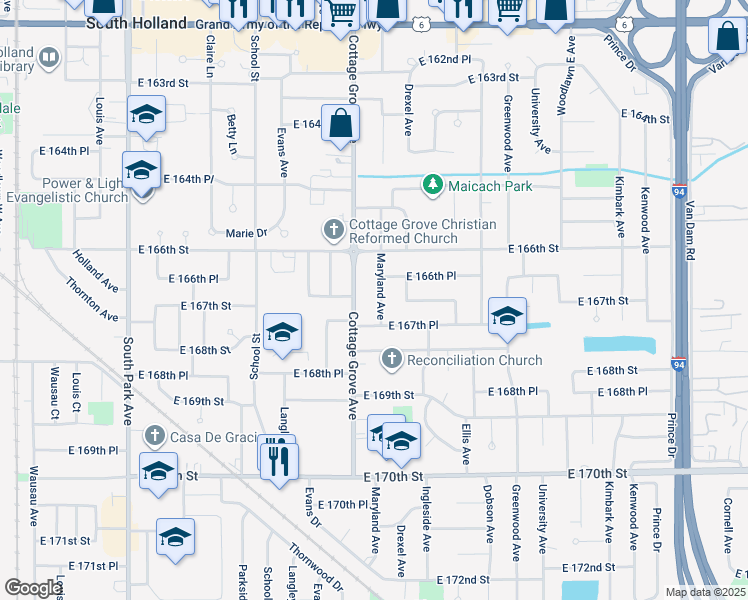 map of restaurants, bars, coffee shops, grocery stores, and more near 16658 Maryland Avenue in South Holland