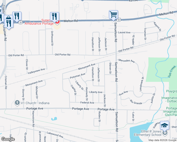 map of restaurants, bars, coffee shops, grocery stores, and more near 6652-6698 Potomac Ave in Portage
