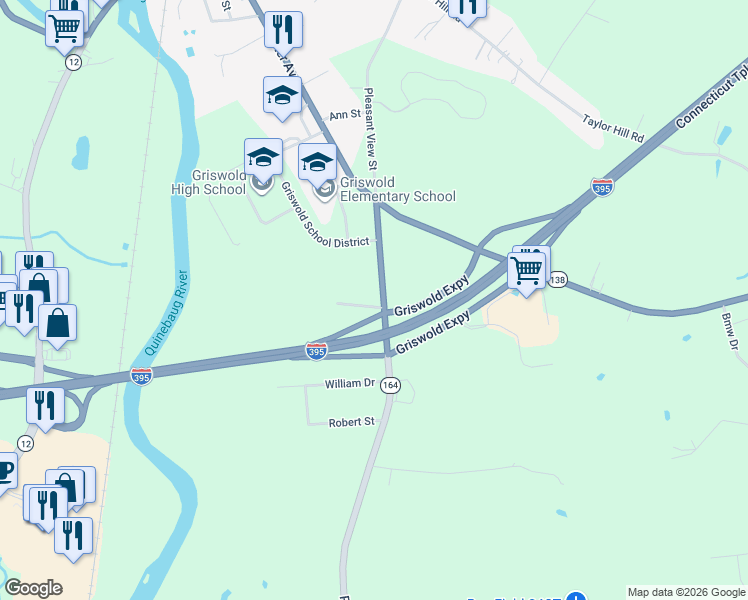 map of restaurants, bars, coffee shops, grocery stores, and more near 89 Preston Road in Griswold