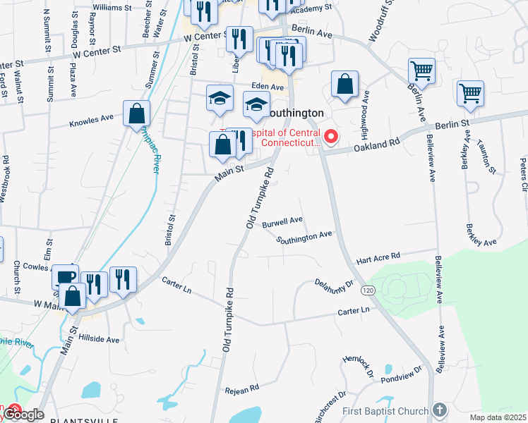 map of restaurants, bars, coffee shops, grocery stores, and more near 11 Burwell Avenue in Southington