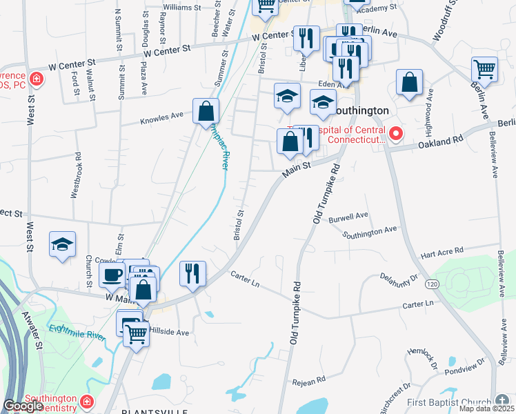 map of restaurants, bars, coffee shops, grocery stores, and more near 493 Main Street in Southington