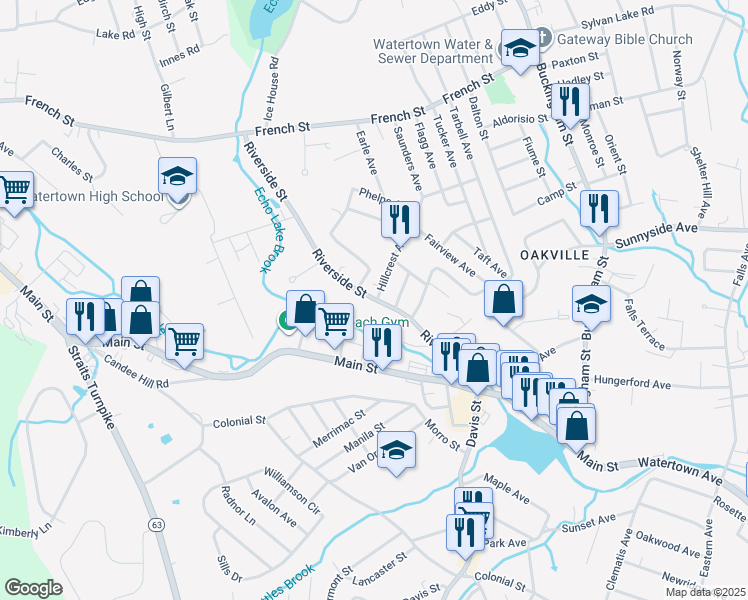 map of restaurants, bars, coffee shops, grocery stores, and more near 205 Riverside Street in Watertown