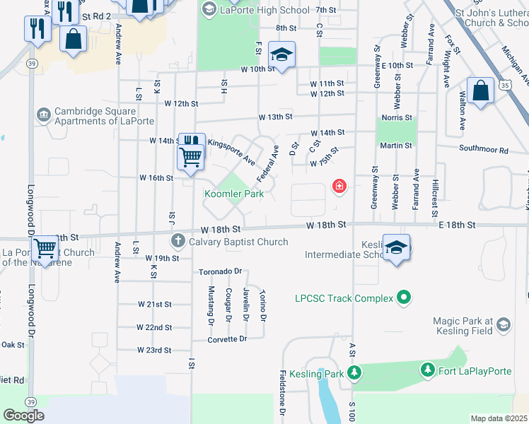 map of restaurants, bars, coffee shops, grocery stores, and more near 305 Miller St in La Porte