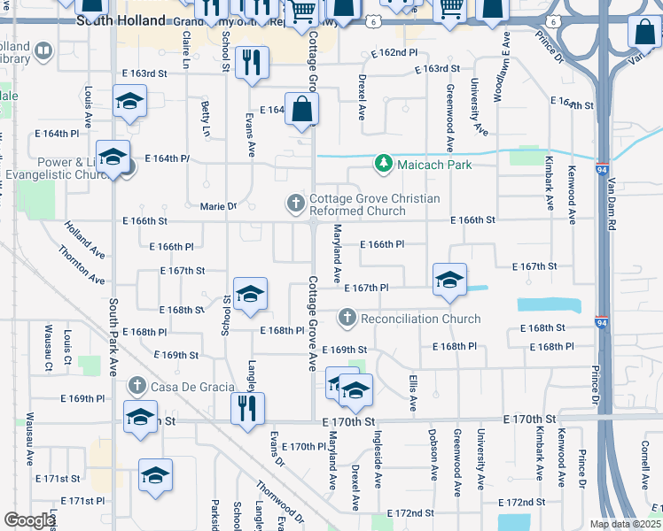 map of restaurants, bars, coffee shops, grocery stores, and more near 16658 Maryland Avenue in South Holland