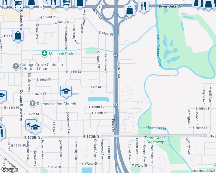 map of restaurants, bars, coffee shops, grocery stores, and more near 16665 Kenwood Avenue in South Holland