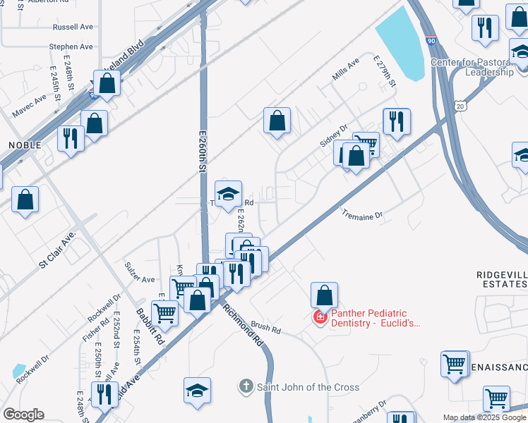 map of restaurants, bars, coffee shops, grocery stores, and more near 1407 East 263rd Street in Euclid