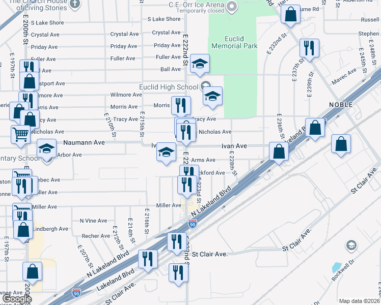 map of restaurants, bars, coffee shops, grocery stores, and more near 829 East 222nd Street in Euclid