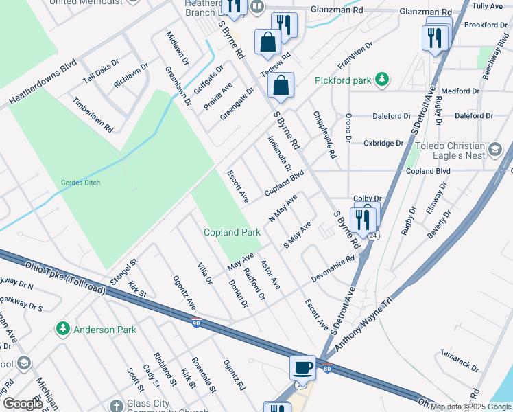 map of restaurants, bars, coffee shops, grocery stores, and more near 4653 Copland Boulevard in Toledo