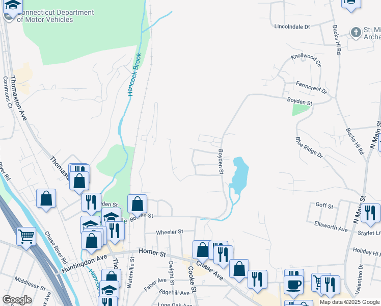 map of restaurants, bars, coffee shops, grocery stores, and more near 61 Kingsley Court in Waterbury