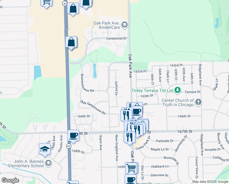 map of restaurants, bars, coffee shops, grocery stores, and more near 16410 Oxford Drive in Tinley Park