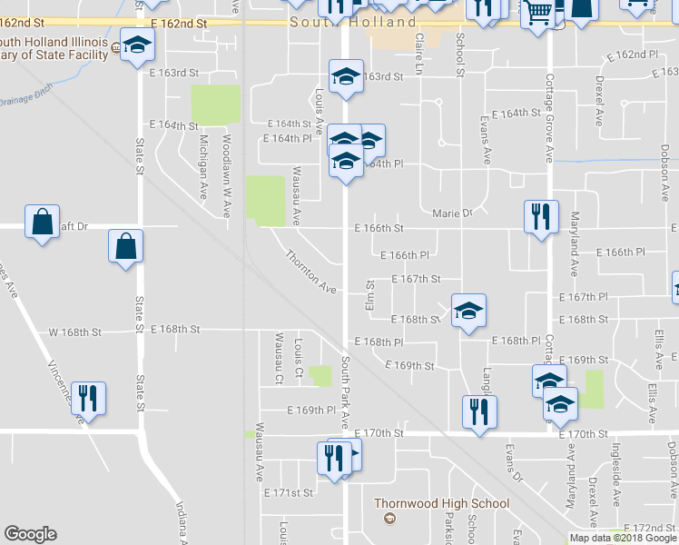map of restaurants, bars, coffee shops, grocery stores, and more near 16656 South Park Avenue in South Holland