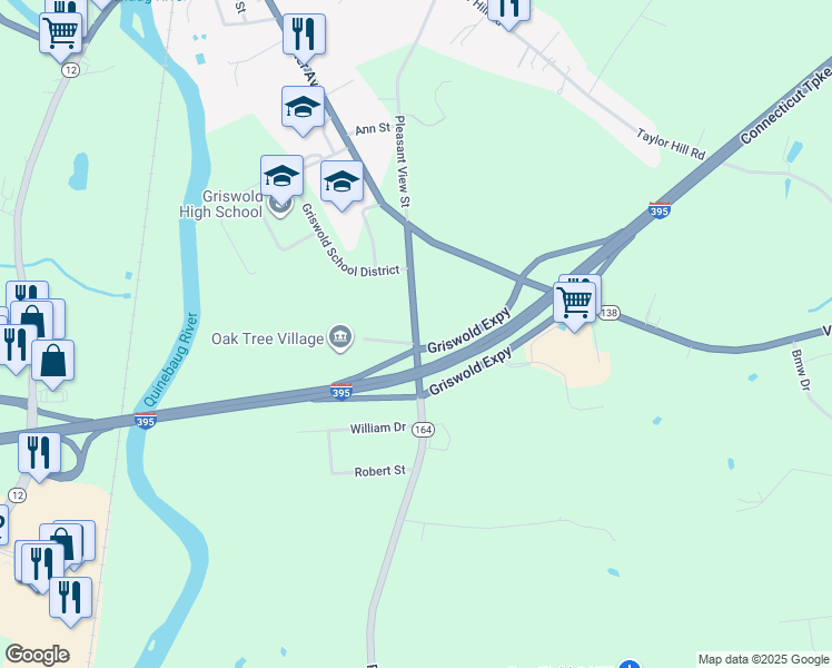 map of restaurants, bars, coffee shops, grocery stores, and more near 88 Preston Road in Griswold