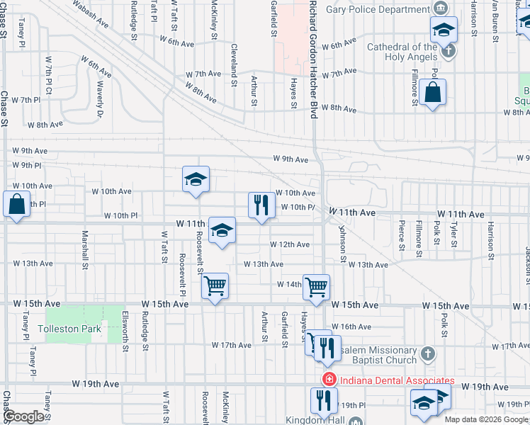 map of restaurants, bars, coffee shops, grocery stores, and more near 1911 W 10th Pl in Gary