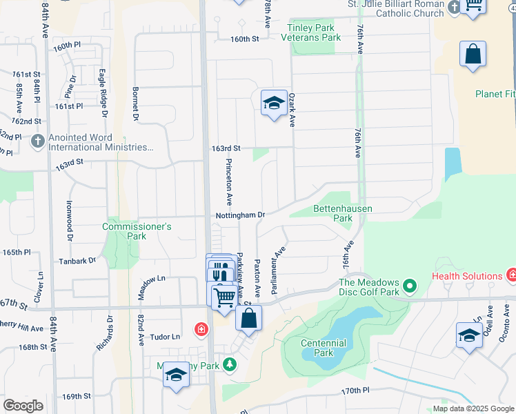 map of restaurants, bars, coffee shops, grocery stores, and more near 16436 Paxton Avenue in Tinley Park