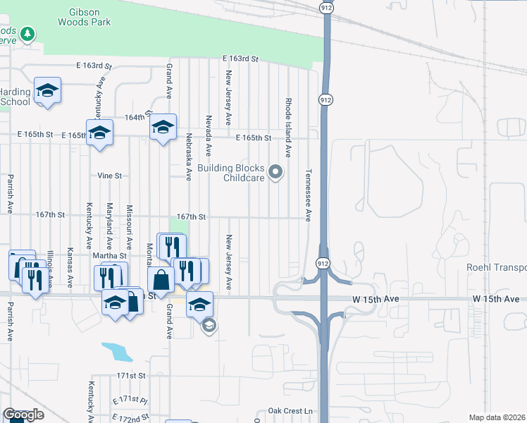map of restaurants, bars, coffee shops, grocery stores, and more near 6646 Ohio Avenue in Hammond