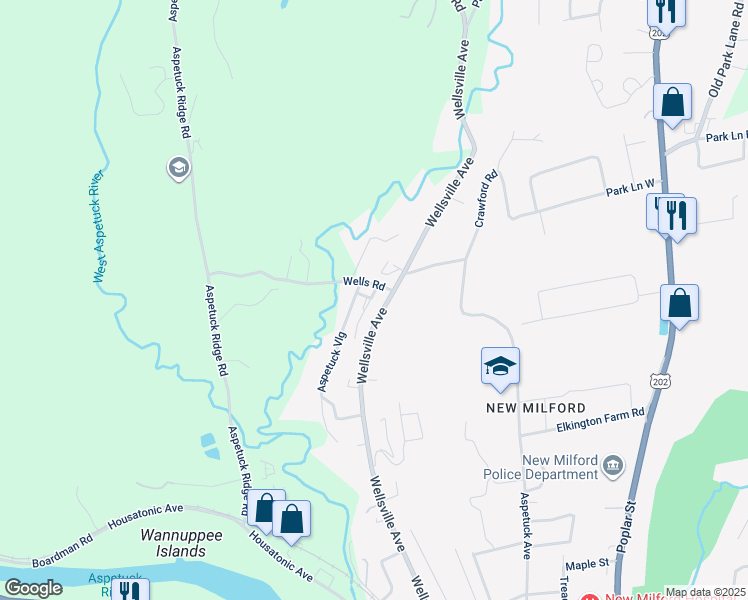 map of restaurants, bars, coffee shops, grocery stores, and more near 35 Aspetuck Village in New Milford